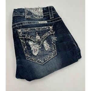 Miss Me Women's 28 Standard Easy Crop Embroidered Blue Denim‎ Jeans
